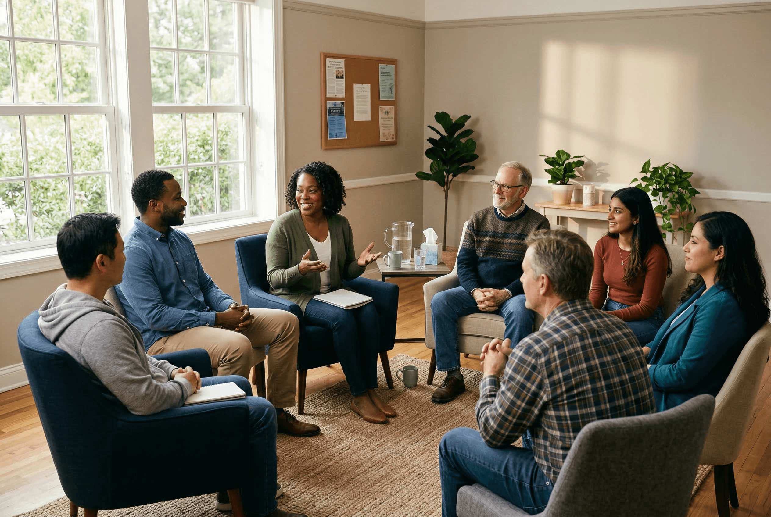 A diverse group of community members gathered in a warm, supportive circle